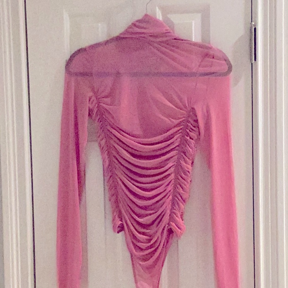 Free People Pink Mesh Ruched Bodysuit